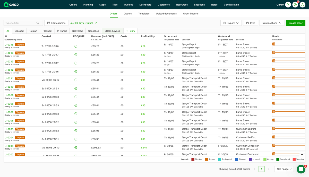 Screenshot of the Qargo order overview