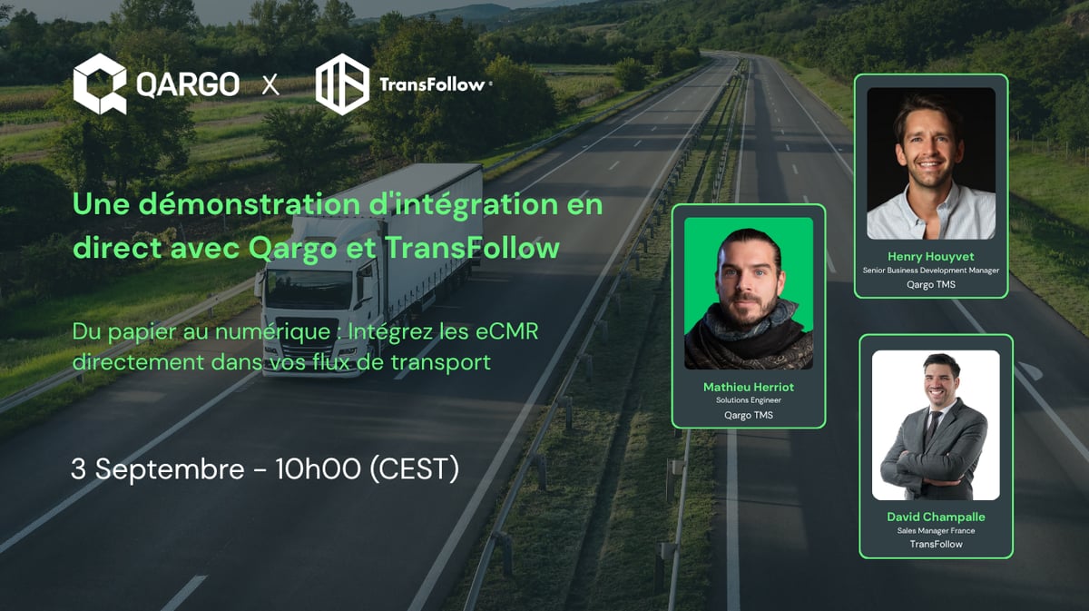 Bannière du webinaire : démonstration d'intégration en direct avec Qargo et TransFollow