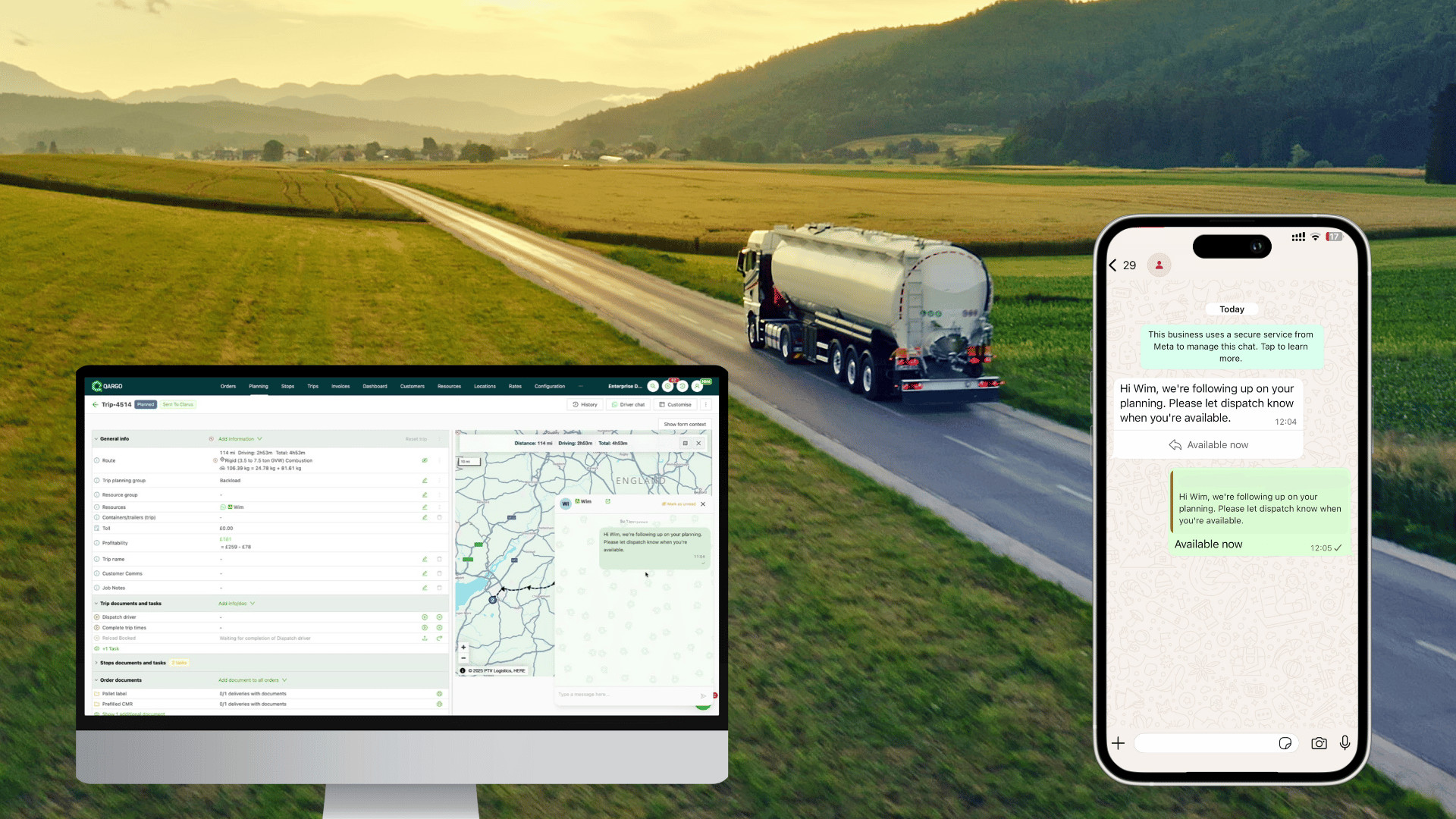 Planningsscherm van Qargo, een telefoon en een tankwagen op de weg