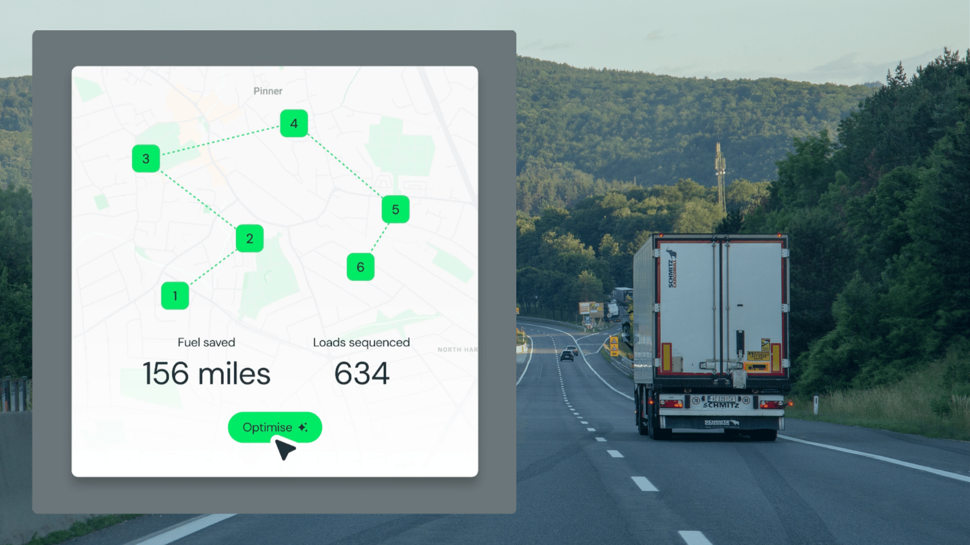 Kaart voor routeoptimalisatie boven een vrachtwagen op een weg