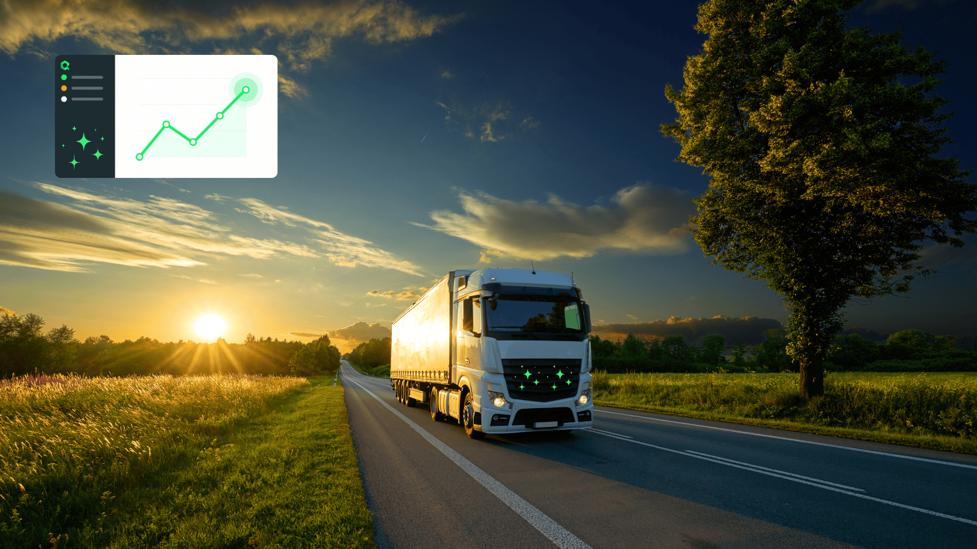 Vrachtwagen op een snelweg bij zonsondergang met een analysegrafiek als overlay