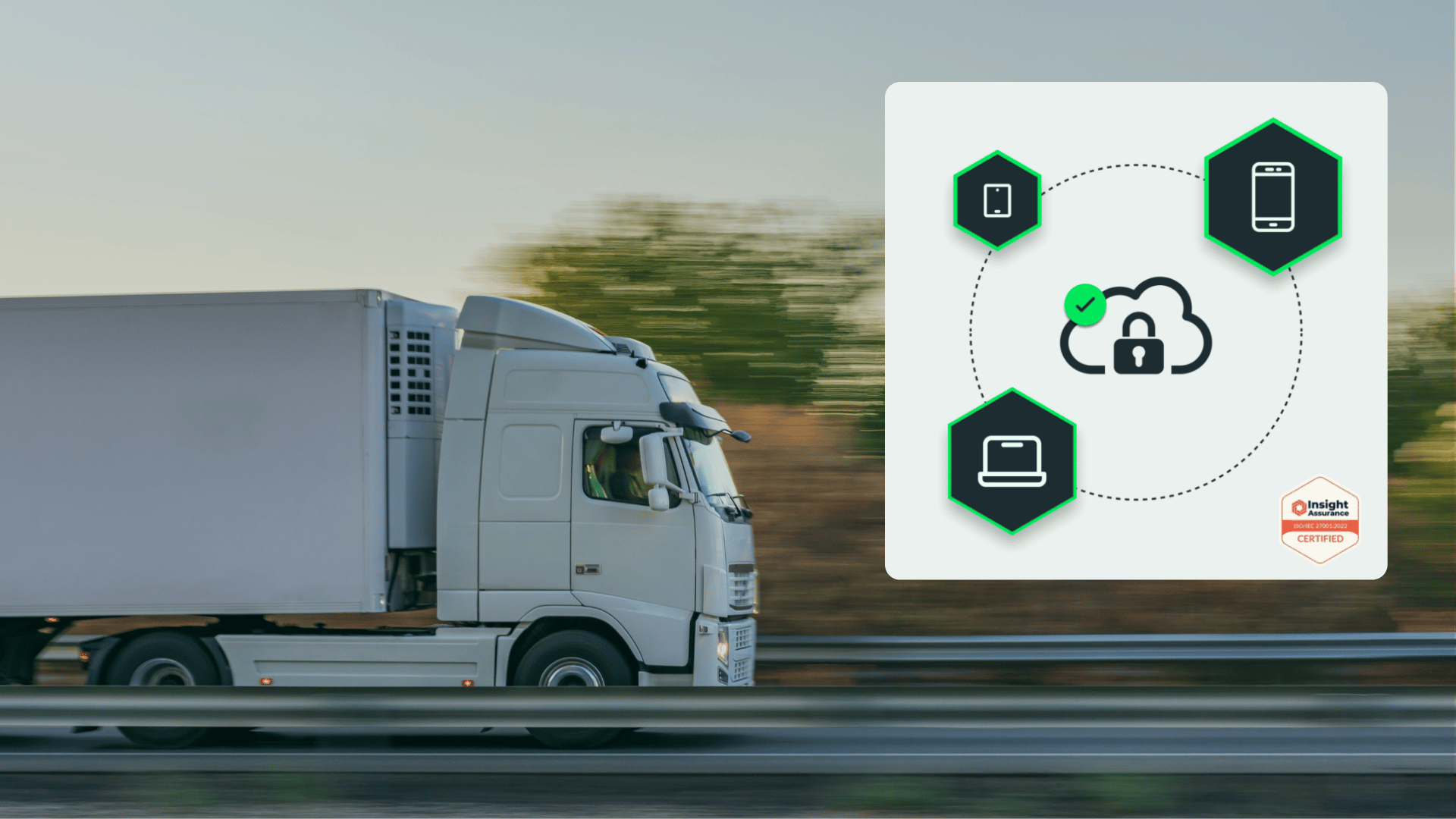 Truck on a motorway with a security illustration