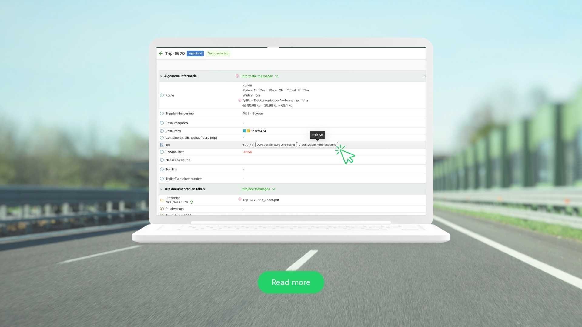 Laptop showing the Qargo truck toll screen on a road background