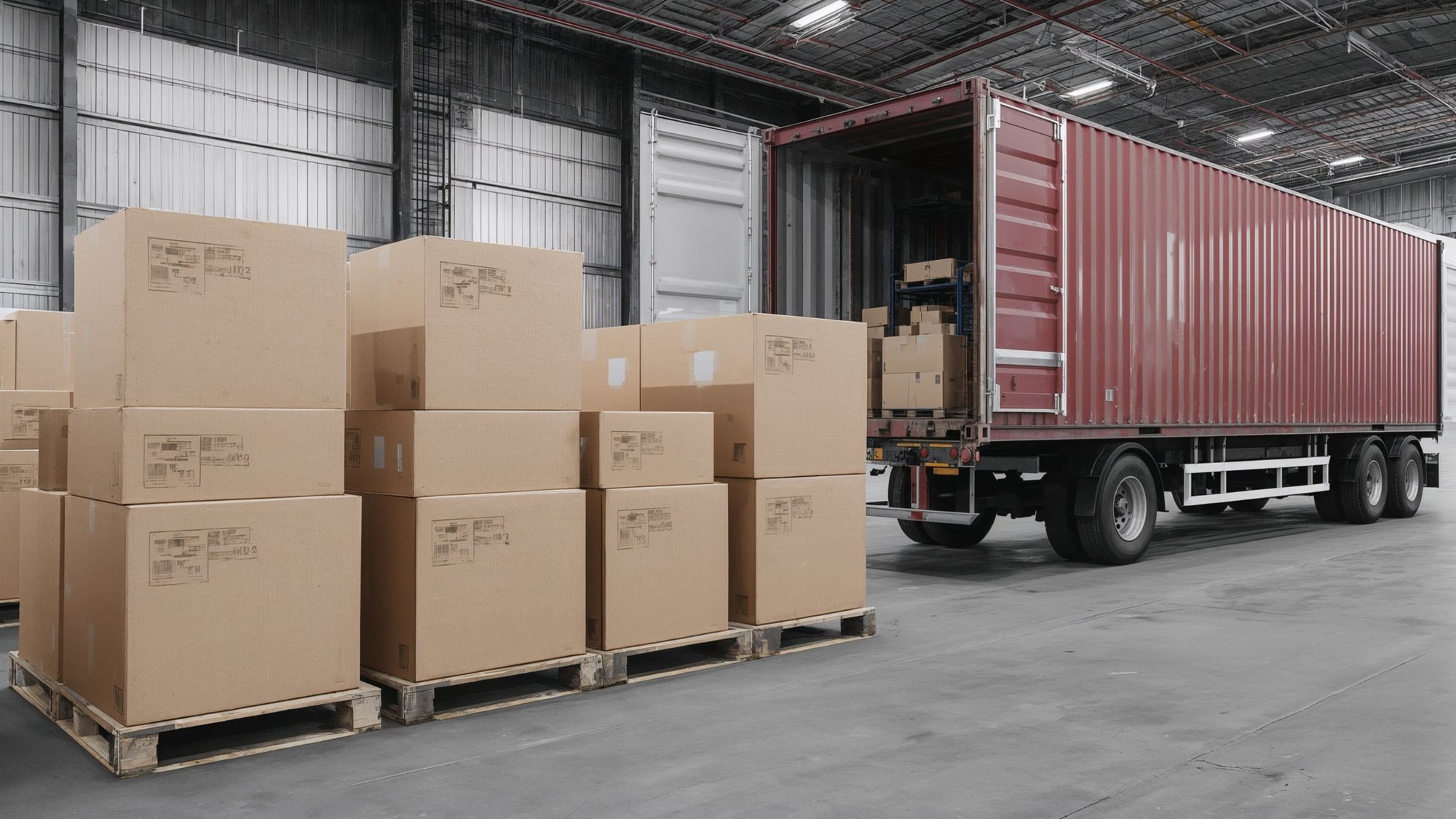 Palettes de cartons à côté d'un conteneur
