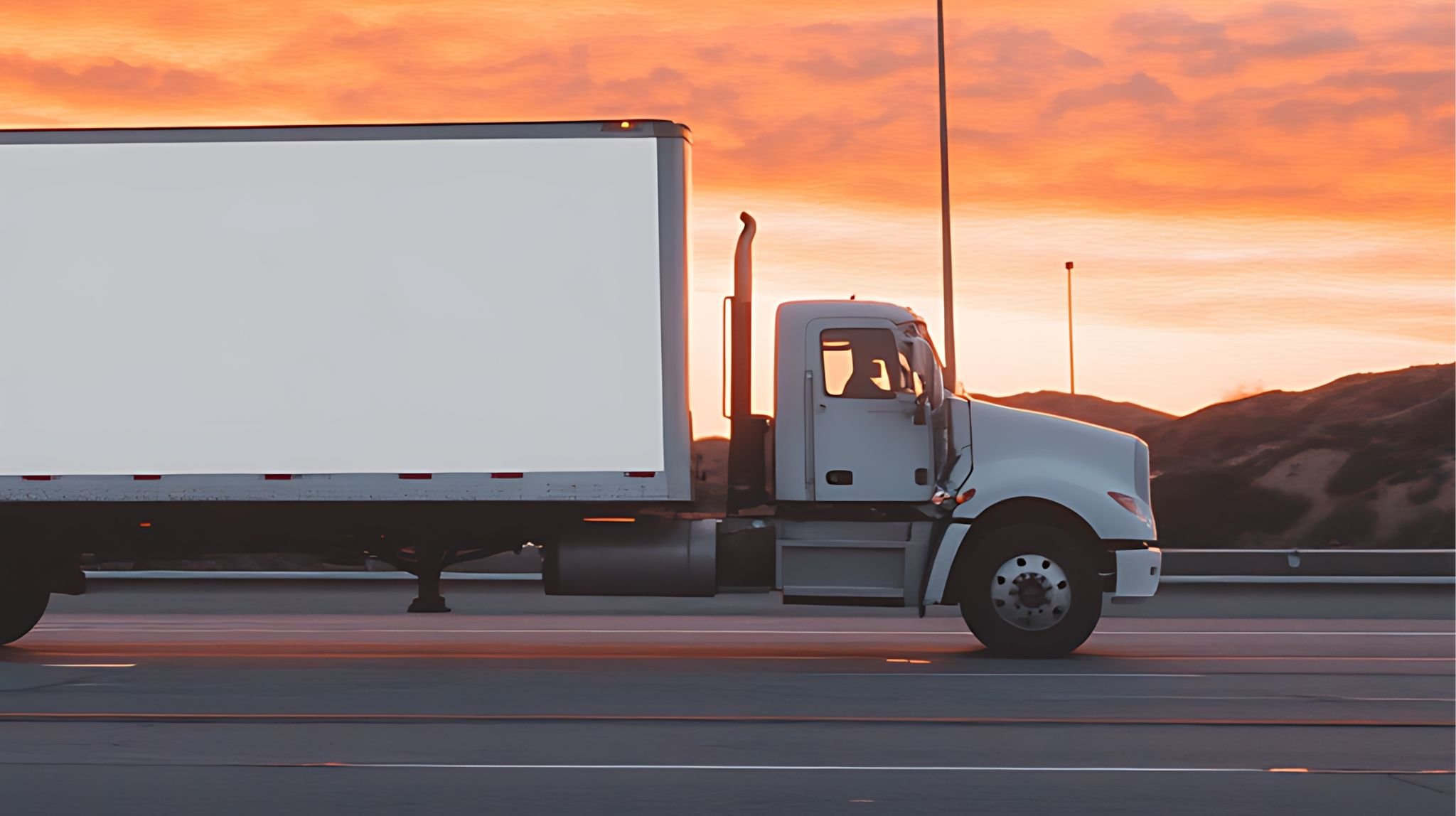 Box truck on a highway at sunset