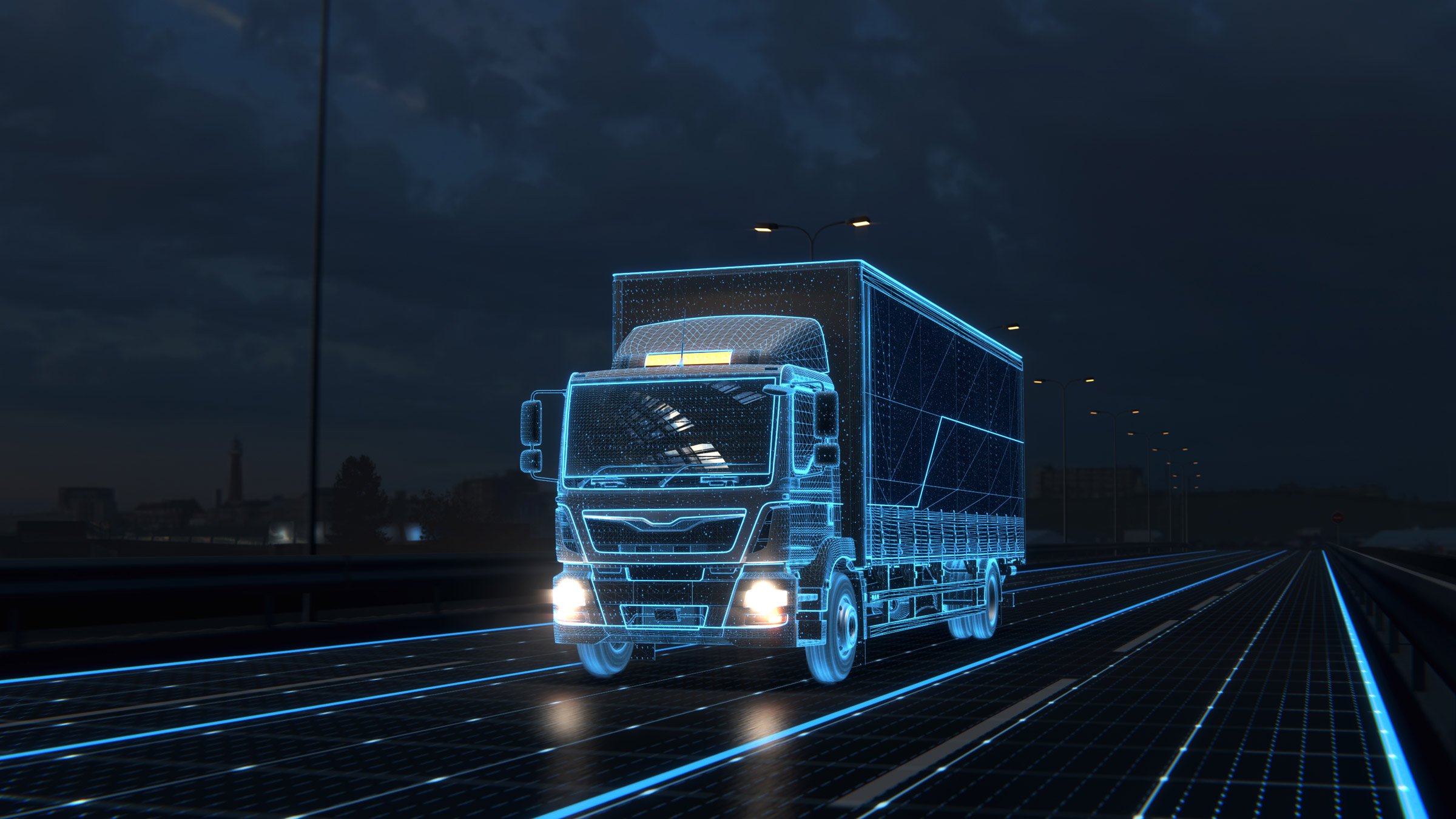 Futuristische vrachtwagen op een digitale weg