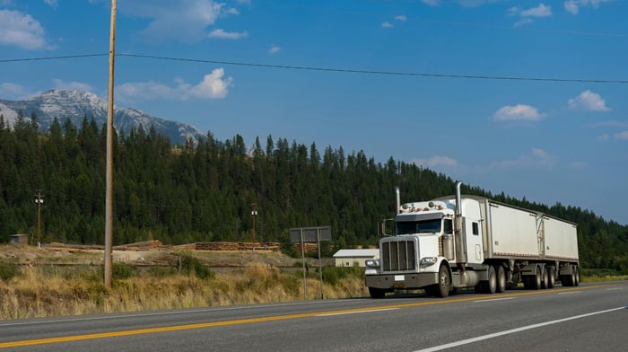 American truck on a mountain road