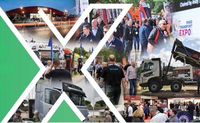 Collage de photos d'un salon du transport routier