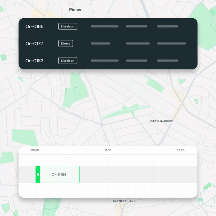 Tableau de planification Qargo avec des commandes de livraison et une chronologie sur une carte