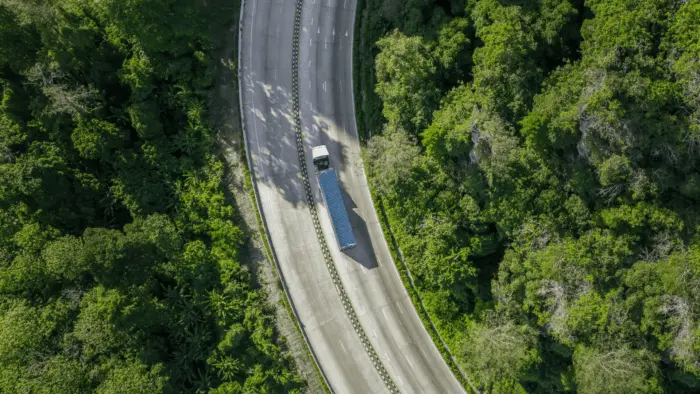 truck driving through forest